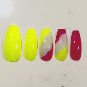 Neon Pink Highlighter yellow Custom Press on Nails Handmade 10pc set sparkle